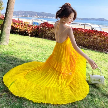 Letná Žltá Midi Popruh Šaty Žien 2022 Dlhý Elegantný Flowy Havajské Backless Slnko, Pláž Šaty pre Svadobné Hostí Narodeniny Ples