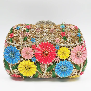 Najnovšie Kvet Ženy Večer Listových Kabeliek, Luxusné Multi-Farebné Diamond Svadobné Svadobné Kabelky Módne Kovové Kvetinový Strany Prom Peňaženky
