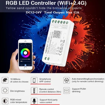 Nový príchod RGB LED Regulátor DC 12V 24V 2.4 G WiFi APP RF Diaľkové Bezdrôtové Ovládanie Hlasom, Inteligentný Hudobný Stmievač Celkový výkon Max 12A