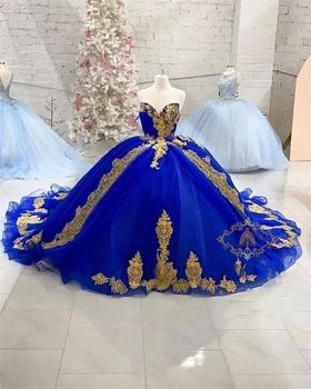 Royal Blue Gold Čipky Vestidos De Novia Quinceanera Šaty Milú, Krajky-up Dlhý Vlak Plášte Ženy Plus Veľkosť Prom šaty