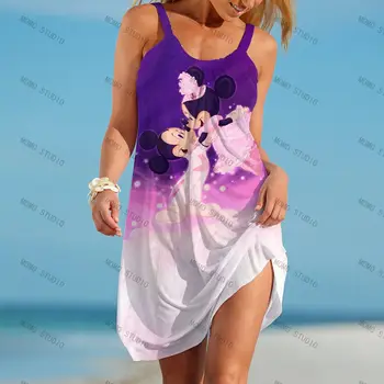 Boho Šaty Cartoon Strany bez Rukávov Y2k Voľné Elegantné Ženy Disney dámske Letné Sundresses Minnie Mouse Plážové Šaty Mickey