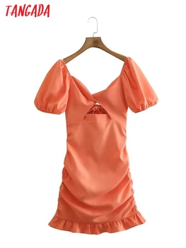 Tangada 2023 Ženy Orange Šaty Lístkového Krátky Rukáv Námestie Golier Dámy Ročník Mini Šaty 2XN20