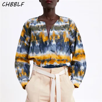 CHBBLF ženy, príležitostné tlače, blúzky dlhý rukáv V krku vrecká dizajn ženské košele elegantné topy blusas POP1959