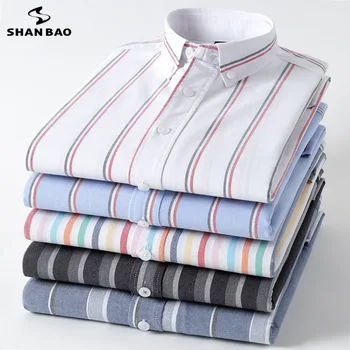 - SHAN-BAO Jeseň Úplne Nové pánske Slim Fit Tričko s Dlhým Rukávom Business Ležérne Oblečenie Oxford Točil Bavlna Vybavené Pruhované Tričko