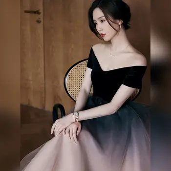 Dámske Elegantné Sexy Lomka Krku Čierne Šaty Gradient Mensh Večer Party Šaty 2022 Letné Módne Šaty Žena
