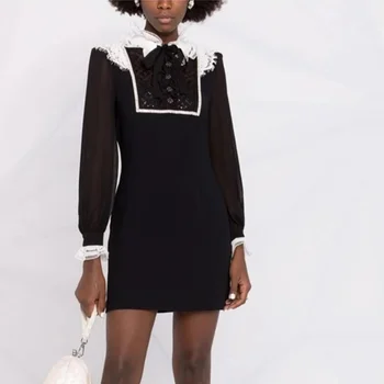 Ženy Šaty Dráhy 2023 Dizajnéri Jar Jeseň Dámy Vintage Sequined Lištovanie Čipky Šaty S Dlhým Rukávom Vestidos De Fiesta