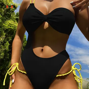 Prowow sexy push up ženy bikiny jeden kus lete plavky, čierna farba, žltá čipky najnovší dizajn žena beach oblečenie