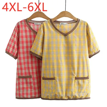 Nové 2021 Dámy Letné Plus Veľkosť Topy Pre Ženy Veľký, Krátky Rukáv Voľné Bavlnená posteľná Bielizeň Žltá Koberčeky V-neck T-Shirt 4XL 5XL 6XL