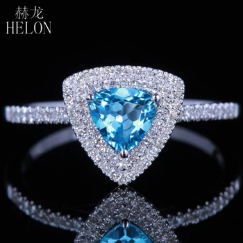 HELON Pevné 10k Biele Zlato 5mm Bilióna Rez Skutočné Blue Topaz & 0.25 ct Diamantov Dve Halo Zapojenie Svadobné Jemné Šperky Krúžok