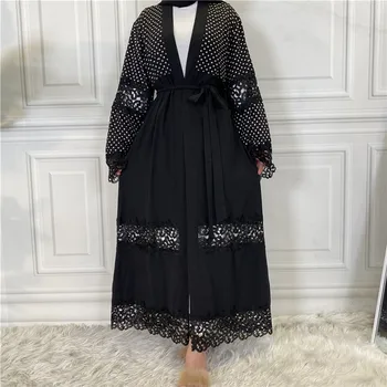 Nové Dubaj Otvoriť Abaya Čipky Kaftan Moslimské Ženy Šaty Polka Dot Kimono Cardigan Arabčina Župan Islamskej Turecko Kaftane Jalabiya Kaftane