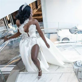 Africké Plus Veľkosť Svadobné Šaty 2022 Čipky Nášivka malá Morská víla Svadobné Šaty s Odnímateľnou Vlak Prispôsobiť Satin vestido de novia