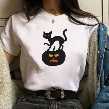 Dámske T-Vtipné tričko Black Cat a Tekvicové Tlač Tees 90. rokov Ulzzang Harajuku Grafický O Krk Bežné Žien Top Clothings