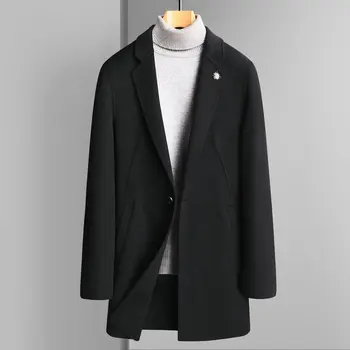 2022 Jeseň Zima Mužov Čierna Modrá Cashmere Vlny Kabát Muž Elegantné Vlnená Zmes Kabát S Drážkou Golier Smart Casual Teplé Oblečenie