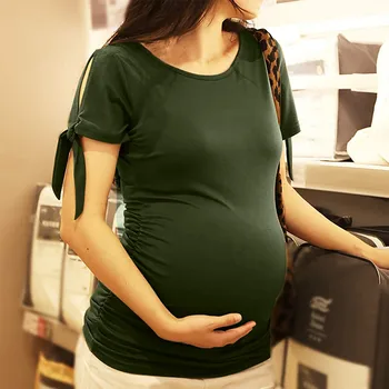 Tehotné Ženy T-Tričko Krátky Rukáv Pevné Bočné Ruched Hornej Strane Kravatu Luk Tehotenstva Košele Materskej Tričko Krátky Rukáv Topy