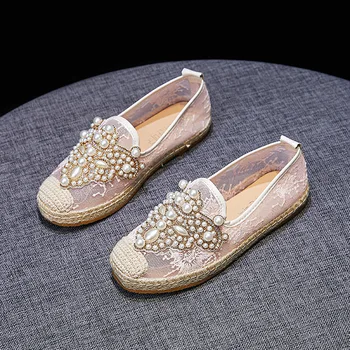 Kolo Prst Dámske Espadrily Ploché Topánky 2022 Hot Predaj Reálne Platformu Gumy Slip-on Bežné Pearl Zapatillas Mujer Sapatos Konope