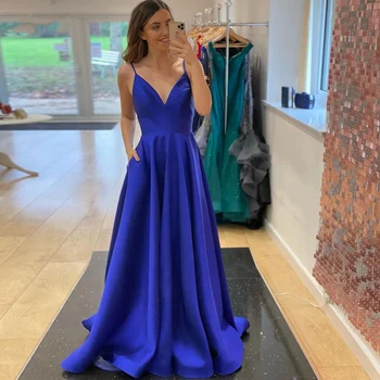 2022 Kráľovská Modrá Šaty Jednoduché Sexy V Krku Ženy Formálne Krídla riadok Satin Prom Party Šaty Vrecká custom color (Vlastné Farby