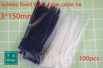100ks Nylon kábel kravatu 3 * 150 biela a čierna pevný kábel kravatu,skrutky pevne hlavu typ kábel kravatu