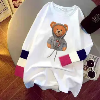 Medveď Šitie Falošné Dvoch-dielny Dlhým rukávom T-shirt Žena 2021 Jar Nové kórejská Verzia Voľné Strednej dĺžky Dna Tričko Top
