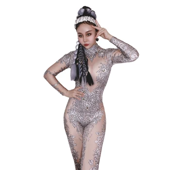 Lady Oblečenie, Striebro Spandex Kostýmová Show Dance Kombinézu Iskrivý Drahokamu Crystal Nočný Klub Strany Jumpsuit Narodeniny Playsuit