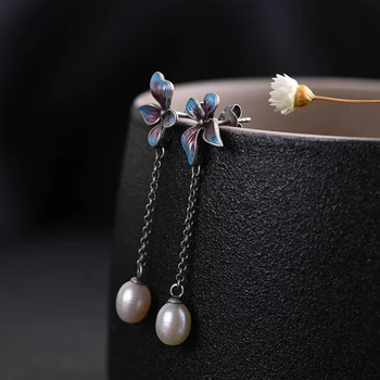 Originálny dizajn cloisonne smalt porcelánu plavidlo dlhé pearl náušnice Čínsky elegantný retro šarm dámske strieborné šperky